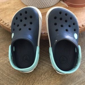 Navy and teal Crocs size 4/5
